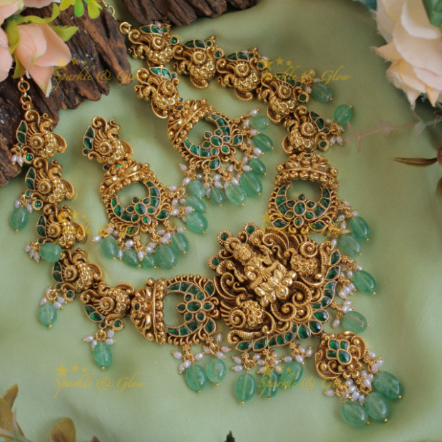 Stunning Lakshmi peacock carved kemp short necklace with mint gre...